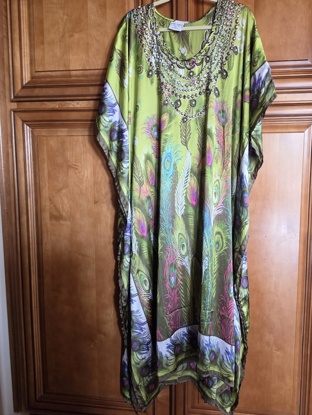 Gold Coast Green Peacock Print Kaftan Dress 100% Poly Ornate Beading OS Like New